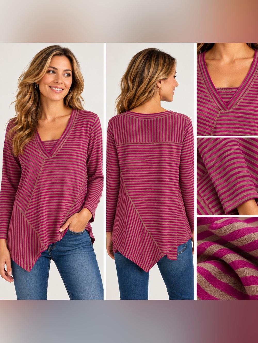 People’s Style Striped Asymmetrical V Neck Tunic Top Medium Magenta Taupe